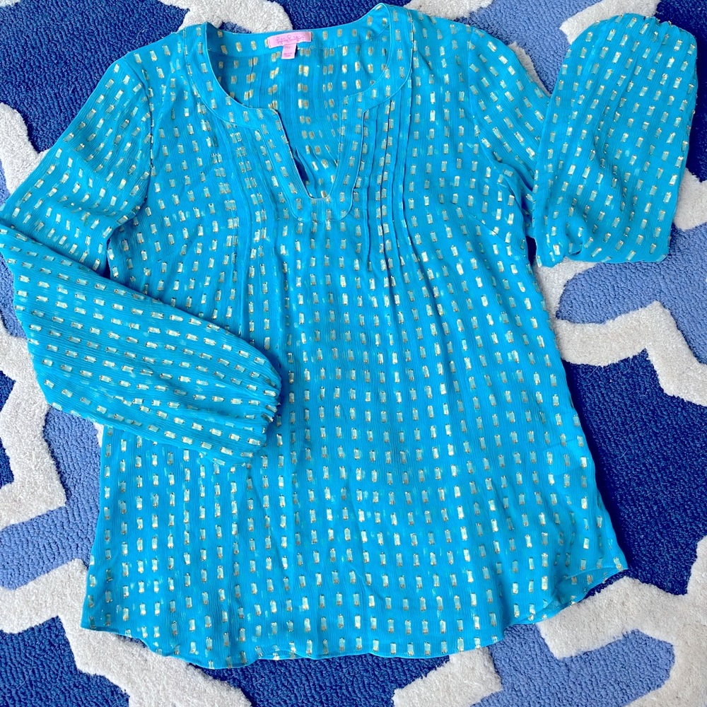 Excellent Condition Lilly Pulitzer Turquoise Blue and Gold Top Tunic
